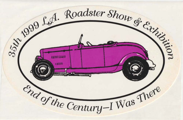 Sticker of a vintage car from the 35th 1999 L.A. Roadster Show & Exhibition on a white background.