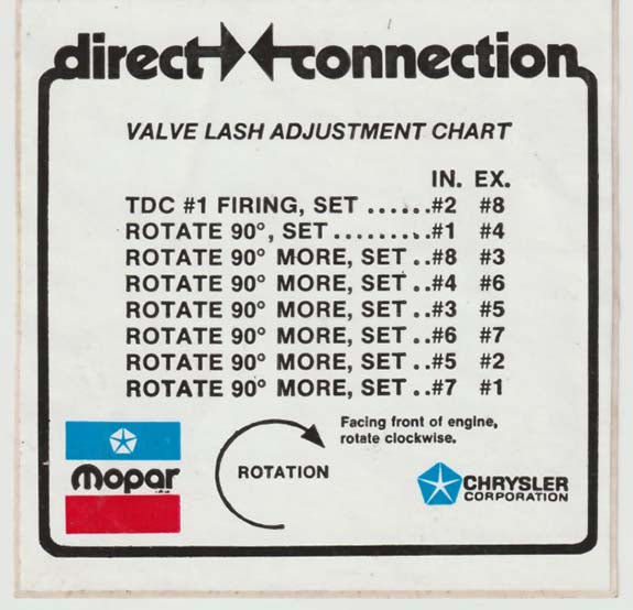 Mopar Direct Connection Valve Lash Adjustment Chart Sticker