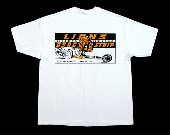 Lions Drag Strip White T Shirt Orange & Black Dragster