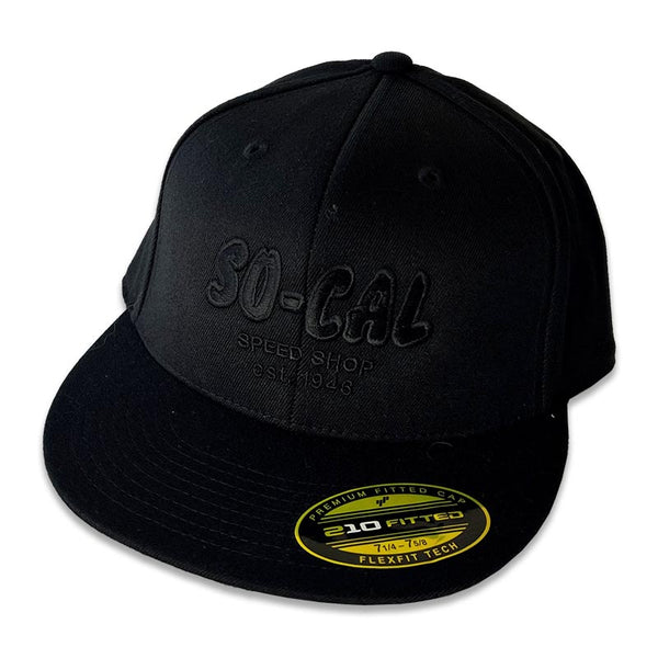  Authentic FlexFit Embroidered SO-CAL Script Hat, Black on Black, Flat Visor Description  Premium Fitted 210  Pro-baseball on-field shape with flat visor, matching fabric sweatband, 210 taping on inside seams, hard buckram, 3 3/4" crown and moisture absorbent pro headband. Bottom stitched for durability, with matching color under- visor. Material  83% Acrylic / 15% Wool/ 2% Spandex - Nitroactive.net