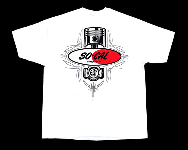 So-Cal Speed Shop Piston Pinstripe White T-Shirt Back - Nitroactive.net